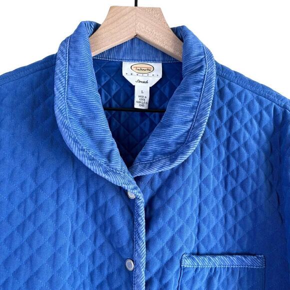 Talbots Vintage 90s Blue Quilted Jacket Corduroy Trim Snap Button Front, Sz LP - Picture 2 of 10